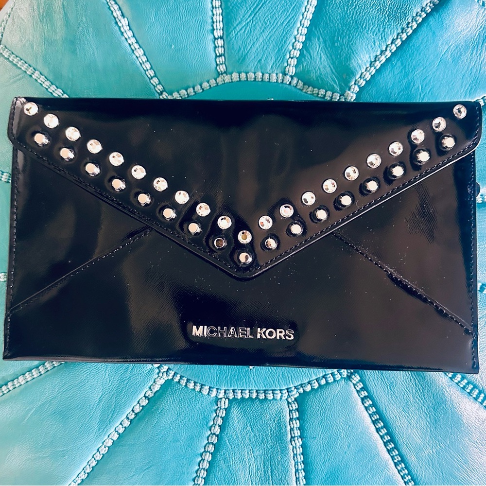 Michael Kors Black Envelope Clutch with Silver Accents